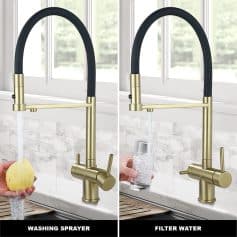 Shiny gold and black kitchen faucet with a modern design, featuring a pull-down spray head and a water filtering system, ideal for home kitchen sink use.