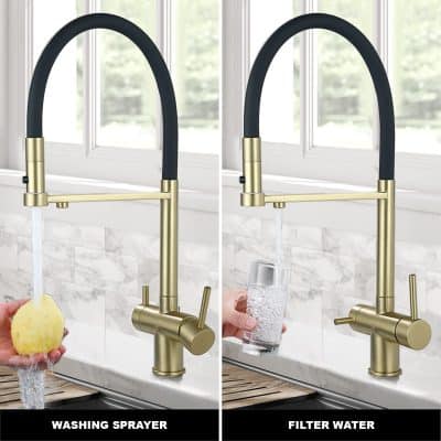 Shiny gold and black kitchen faucet with a modern design, featuring a pull-down spray head and a water filtering system, ideal for home kitchen sink use.