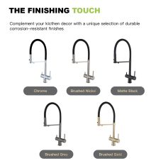 Sleek modern kitchen sink faucets in chrome, brushed nickel, matte black, brushed grey, and brushed gold finishes, designed for durability and style. Perfect for kitchen decor upgrades.