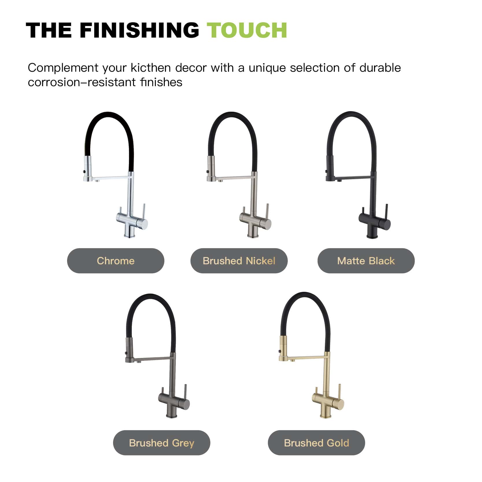 Sleek modern kitchen sink faucets in chrome, brushed nickel, matte black, brushed grey, and brushed gold finishes, designed for durability and style. Perfect for kitchen decor upgrades.