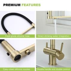 Silicone hose kitchen faucet, food grade silicone water hose, modern kitchen sink fixture, stylish gold and black design.