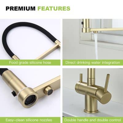 Silicone hose kitchen faucet, food grade silicone water hose, modern kitchen sink fixture, stylish gold and black design.