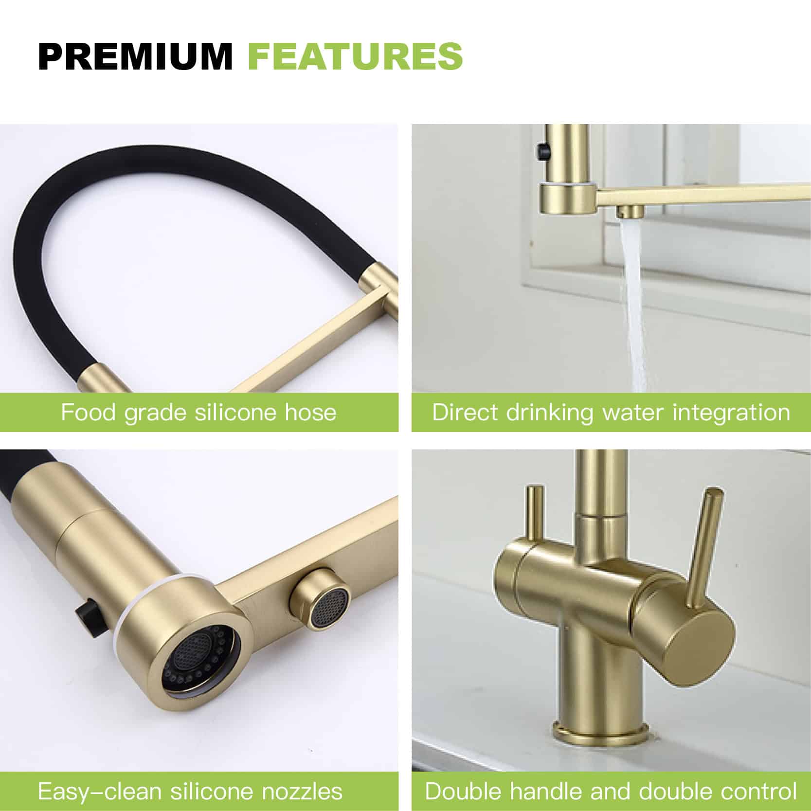 Silicone hose kitchen faucet, food grade silicone water hose, modern kitchen sink fixture, stylish gold and black design.