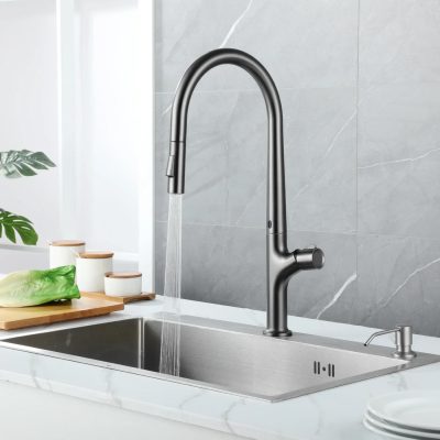 Luxury kitchen faucet with modern stainless steel finish, high arc design, and easy-to-use single handle for kitchen sink. Ideal for modern kitchen renovation and water efficiency.