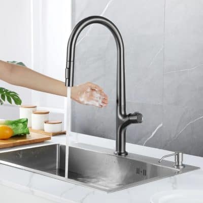 Stainless steel kitchen faucet with high arc spout, modern design, easy to operate for everyday cleaning and cooking needs.