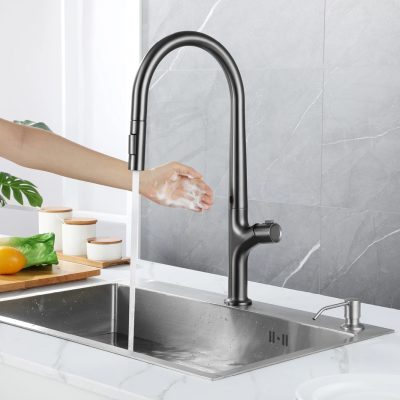 Sleek stainless steel kitchen faucet with pull-down sprayer for modern kitchen sinks, easy to install and maintain. Ideal for residential and commercial kitchens.