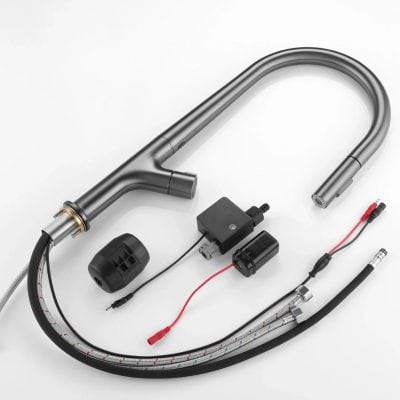 Flexible stainless steel kitchen tap with additional electronic components for smart kitchen solutions.