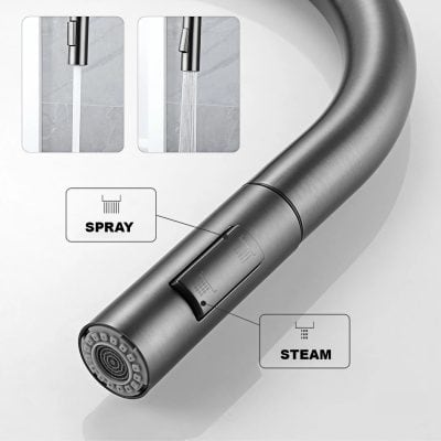 Modern sleek kitchen faucet with spray and steam functions for optimal water control, perfect for home and commercial kitchens.