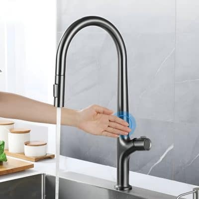 Touchless kitchen faucet, modern black matte finish, hands-free motion sensor, water flows automatically, sleek design for contemporary homes, easy installation, durable and hygienic, Monalisa Store, best for kitchen upgrades.