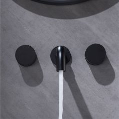 Sleek black faucet with water flowing, modern bathroom fixture for a stylish and functional look. Perfect for enhancing your bathroom decor and providing easy access to water.