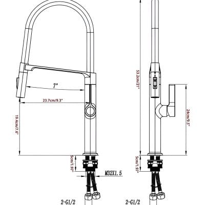 Brushed nickel modern kitchen faucet with pull-down sprayer, dual handle, 360-degree swivel, high arc design, 1.5 GPM water flow, easy installation, compatible with various sink types.