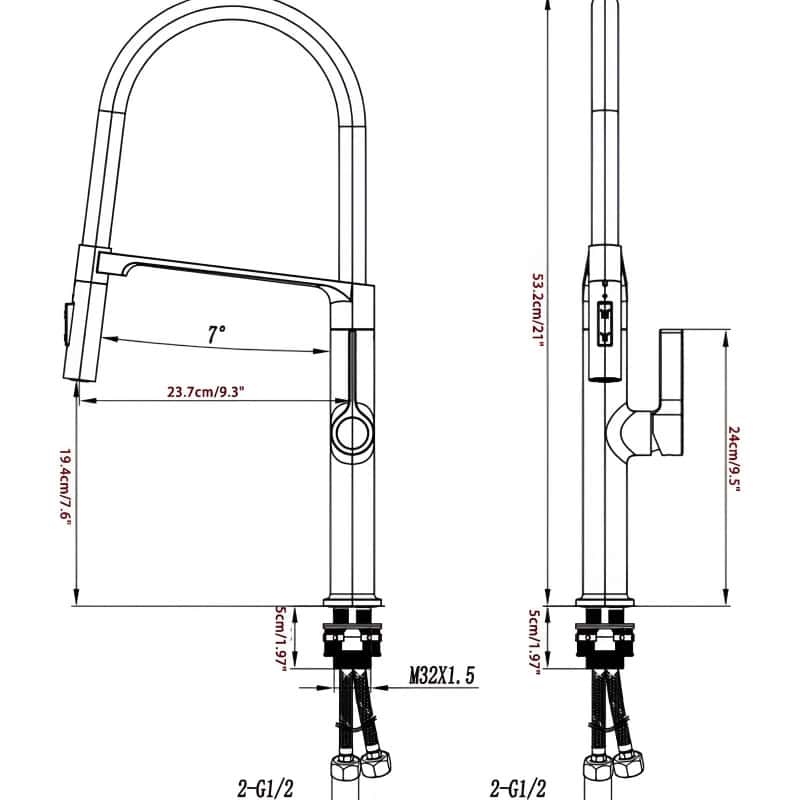 Brushed nickel modern kitchen faucet with pull-down sprayer, dual handle, 360-degree swivel, high arc design, 1.5 GPM water flow, easy installation, compatible with various sink types.
