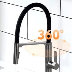 Flexible 360-degree kitchen faucet with modern black and stainless-steel design, perfect for stylish kitchen upgrades and efficient water flow.