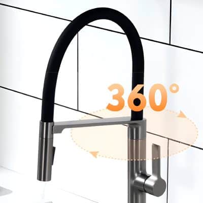 Flexible 360-degree kitchen faucet with modern black and stainless-steel design, perfect for stylish kitchen upgrades and efficient water flow.