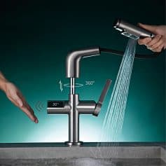 Futuristic kitchen faucet with digital temperature control, 360° swivel, and touch sensor, showcasing modern design and functionality for premium water fixtures.