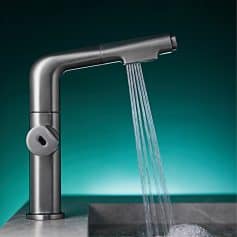 Sleek stainless steel modern kitchen faucet with water flowing, close-up of high-end fixtures, luxury kitchen sink luxury kitchen fixtures, Monalisa Medical store kitchen accessories, relevance.