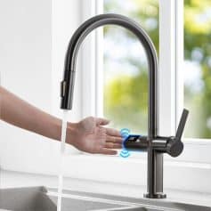 Touchless kitchen faucet with temperature control, modern stainless steel sink fixture, water-saving smart tap, Monalisa Store premium kitchen accessory, sleek and hygienic design for kitchens.