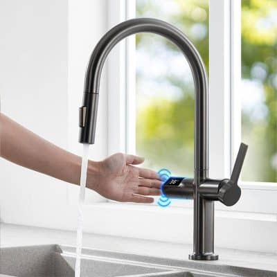Touchless kitchen faucet with temperature control, modern stainless steel sink fixture, water-saving smart tap, Monalisa Store premium kitchen accessory, sleek and hygienic design for kitchens.