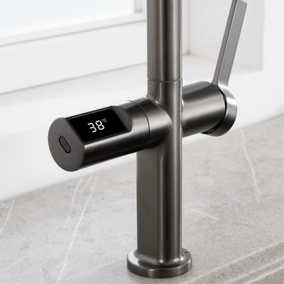 Digital kitchen faucet with touchless temperature control display, modern stainless steel design for bathroom and kitchen updates.