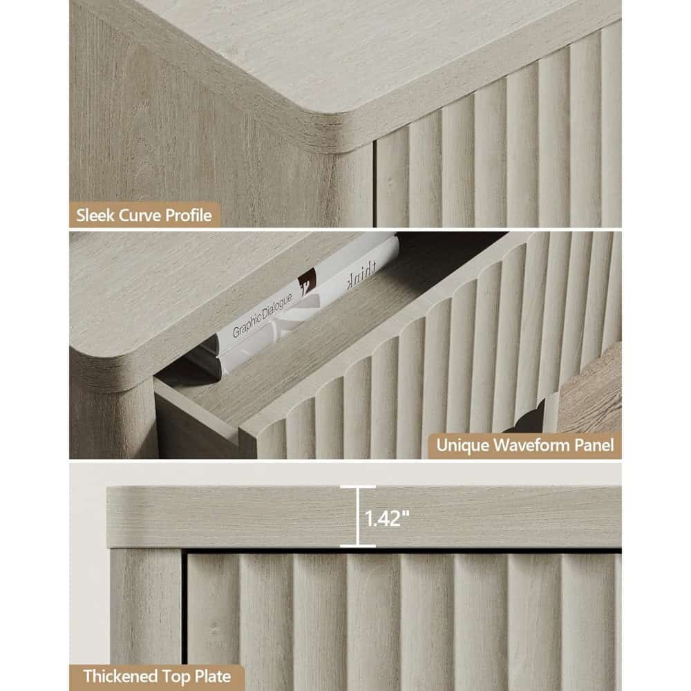 Sleek curve profile of modern monalisa bedroom furniture with unique waveform panel and thickened top plate for stylish storage solutions.