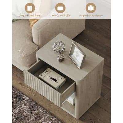 Contemporary wooden side table with sleek curved profile, unique fluted panel design, and ample storage space, perfect for modern living room decor.