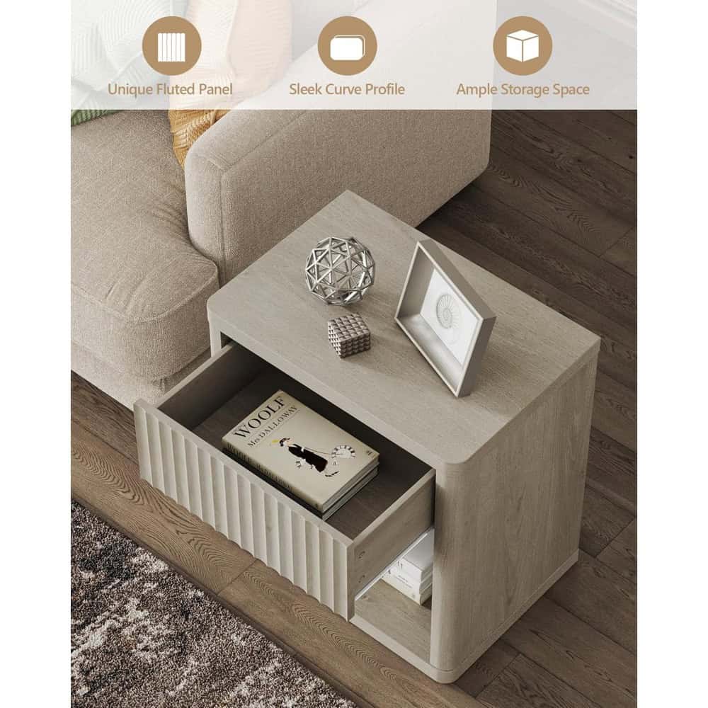 Contemporary wooden side table with sleek curved profile, unique fluted panel design, and ample storage space, perfect for modern living room decor.
