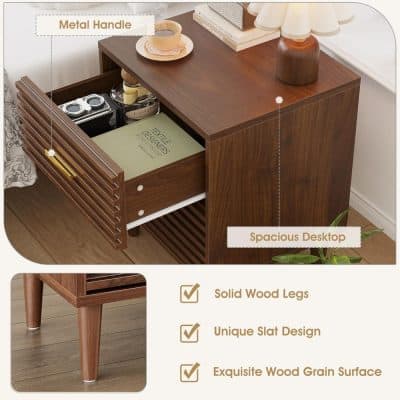High-quality wooden bedside table with spacious drawer, modern metal handle, solid wood legs, unique slat design, and exquisite grain surface, perfect for bedroom decor.
