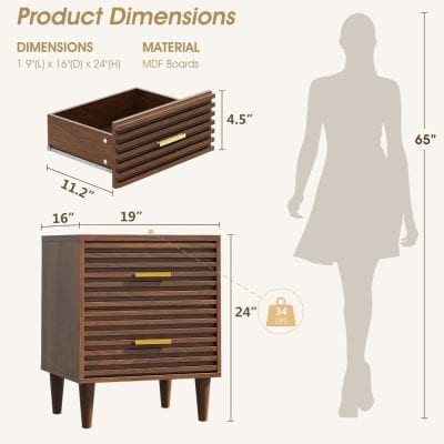 Mid-century modern wooden nightstand with louvered drawer front, handcrafted from MDF boards, featuring stylish gold handles, perfect for contemporary bedrooms; measures 16” x 19” x 24” tall.