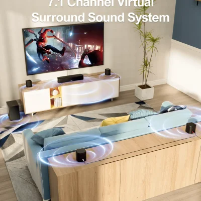 Ultra HD surround sound system with 7.1 channels for immersive home theater experience, enhancing audio quality in modern interior living room setup.