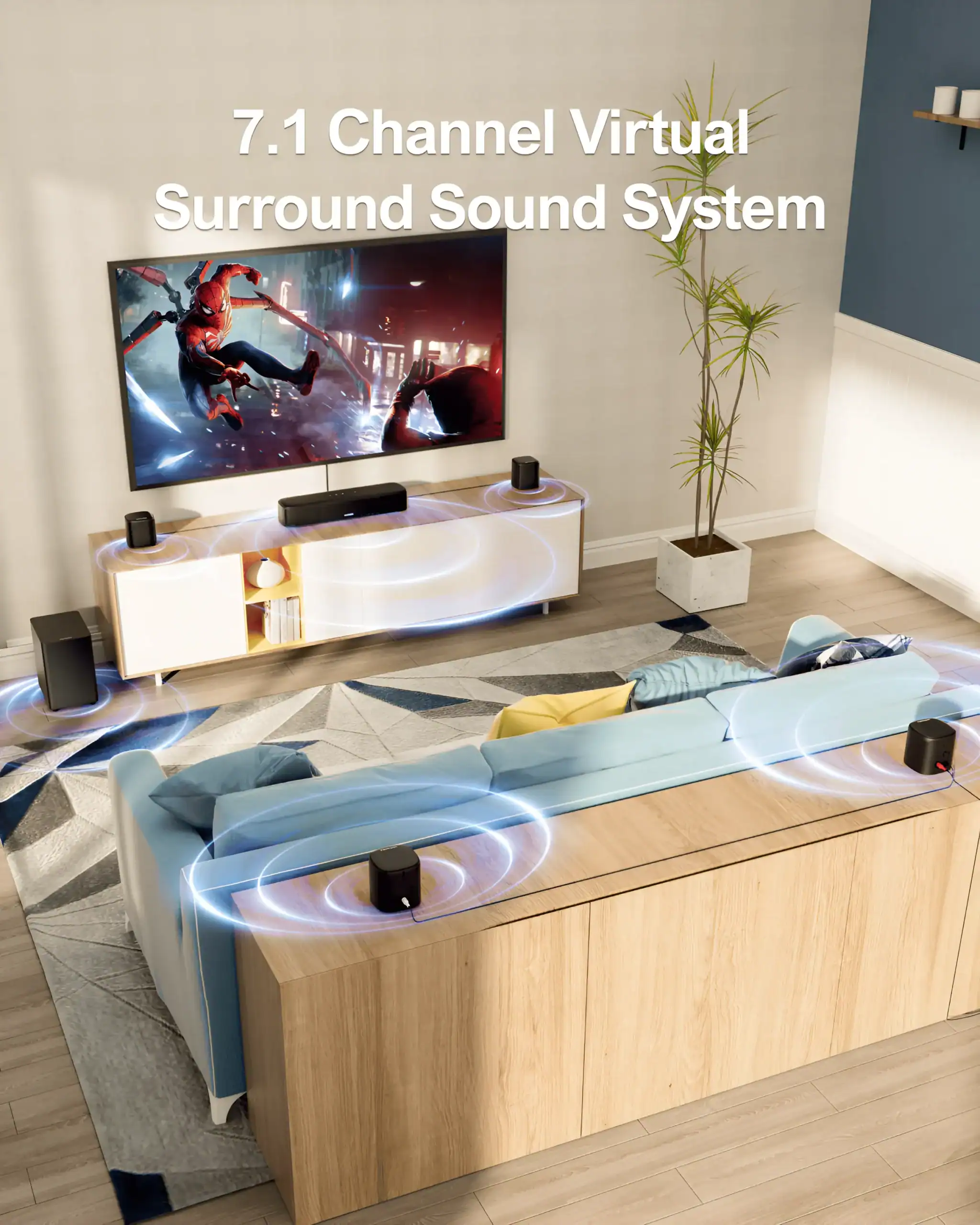 Ultra HD surround sound system with 7.1 channels for immersive home theater experience, enhancing audio quality in modern interior living room setup.