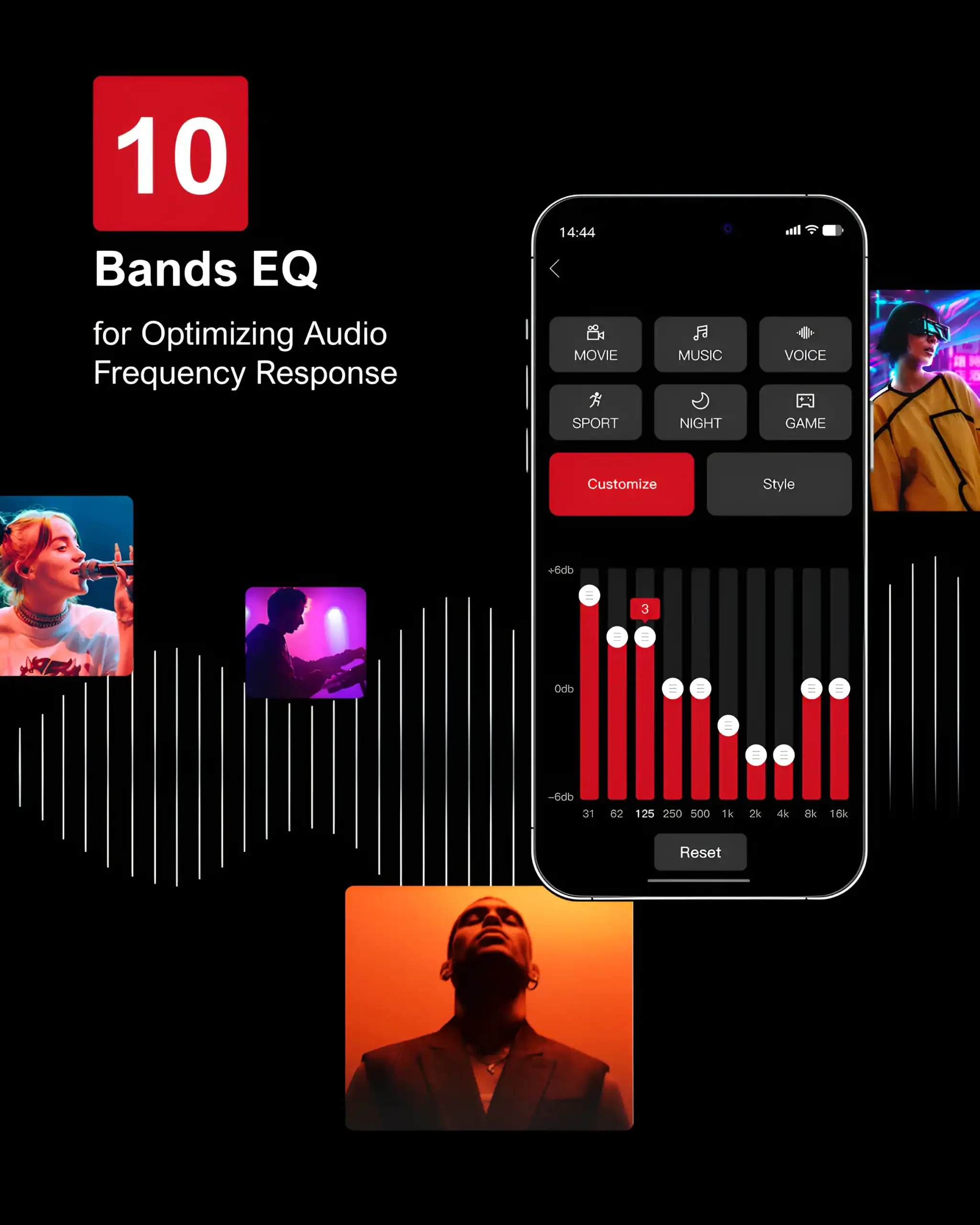 10 Bands EQ for optimal audio frequency response adjustment on mobile devices. Customize sound profiles for music, movies, gaming, and more with an easy-to-use interface. Enhance your listening experience.