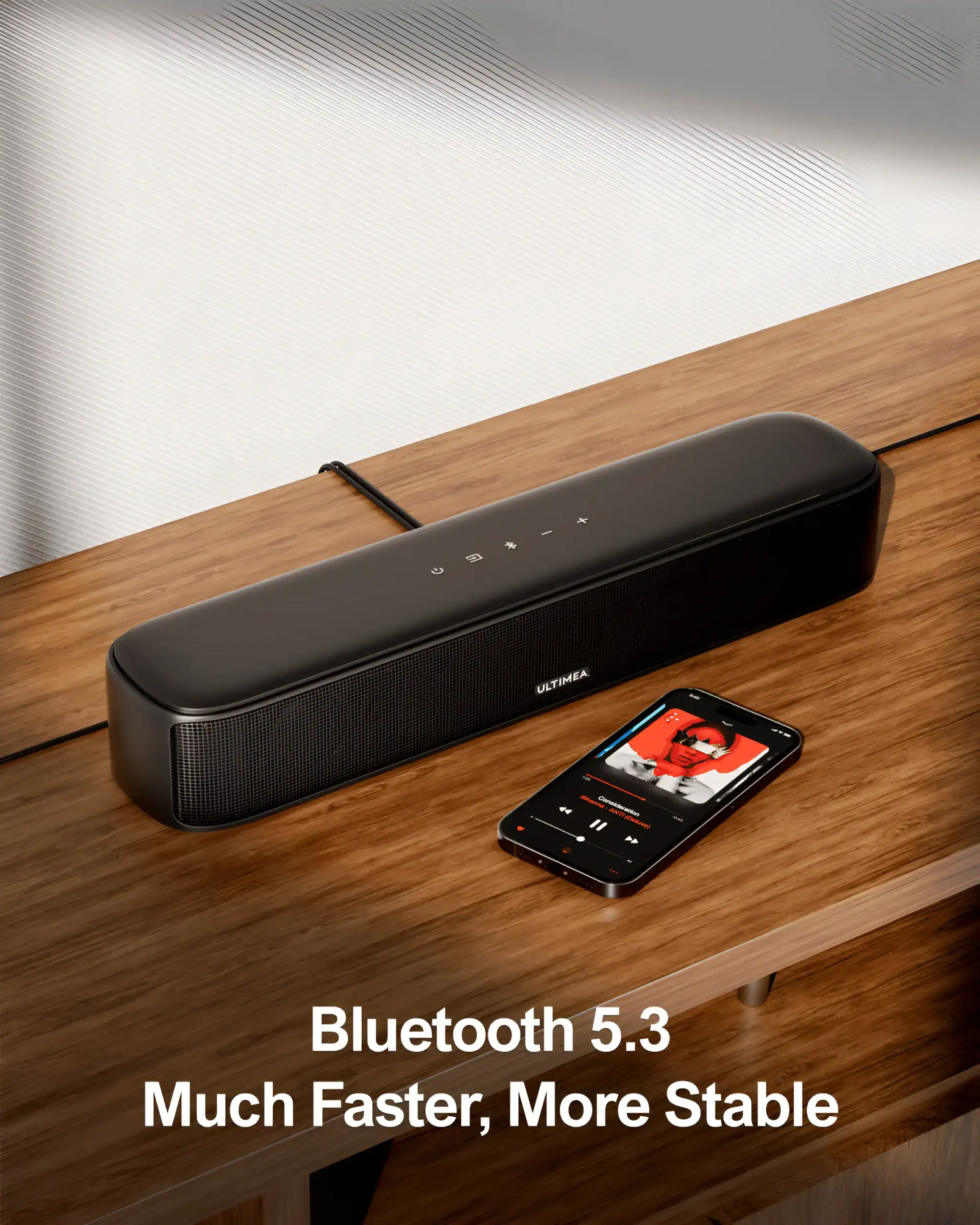 Wireless Bluetooth speaker on wooden table with smartphone, Ultimate Ears, modern audio technology, portable wireless speaker, high-quality sound, Bluetooth 5.3, fast and stable connection, entertainment device.