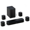 Wireless home theater speaker system with subwoofer and surround speakers for high-quality audio experience.