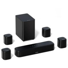 Wireless home theater speaker system with subwoofer and surround speakers for high-quality audio experience.