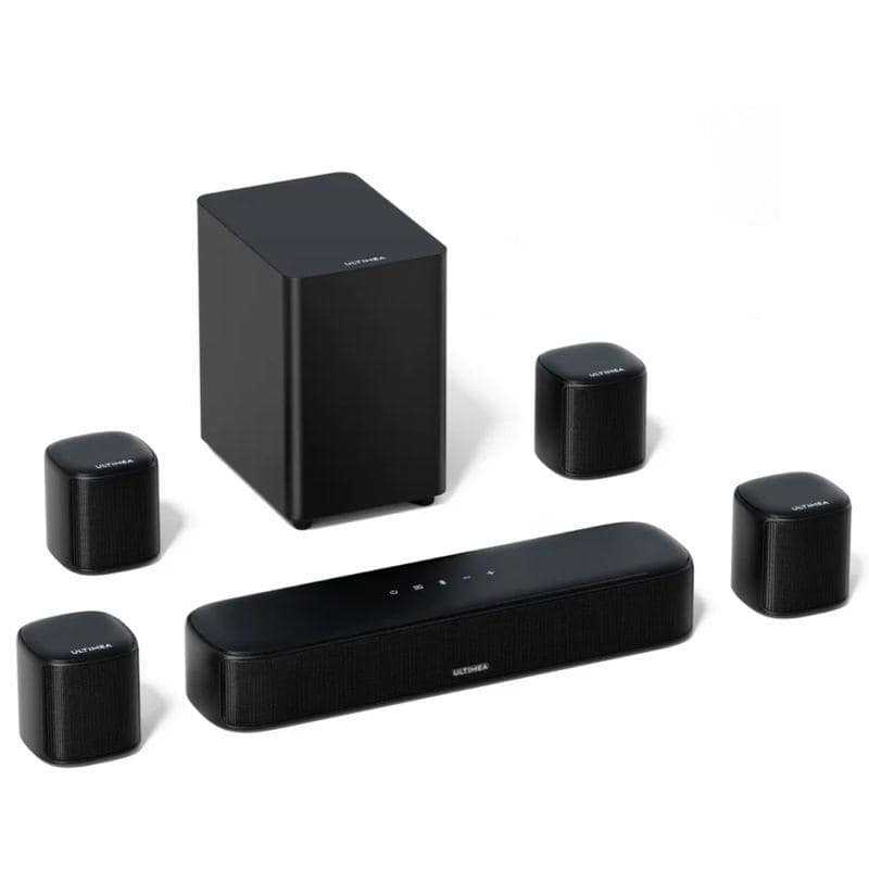 Wireless home theater speaker system with subwoofer and surround speakers for high-quality audio experience.