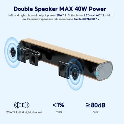 High-quality wireless soundbar with dual speakers and sleek wooden design, ideal for home audio and entertainment systems. Enhances audio clarity with powerful 40W output and low-distortion features.