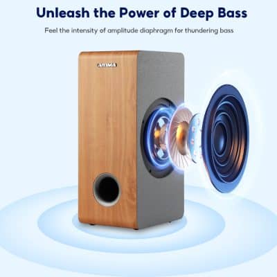 Vivid wood grain speaker with detailed internal components and dynamic sound waves, ideal for high-quality audio experiences from Monalisa Medical Store.