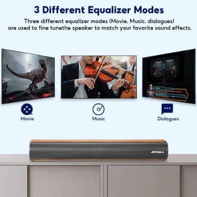 Sleek TV soundbar with wood finish for enhanced audio quality, ideal for home entertainment systems, supporting movies, music, and dialogues for immersive sound experiences.