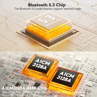 A close-up image of Bluetooth 5.3 chip and A1CM3128A amplifier chips on a circuit board. The high-tech components are highlighted, emphasizing advanced audio and connectivity technology.