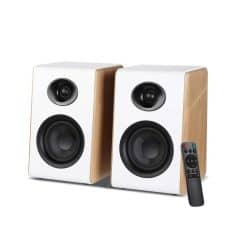 High-quality wooden bookshelf speakers with modern design, perfect for home audio and stereo systems, includes remote control for easy operation.