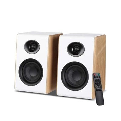 High-quality wooden bookshelf speakers with modern design, perfect for home audio and stereo systems, includes remote control for easy operation.