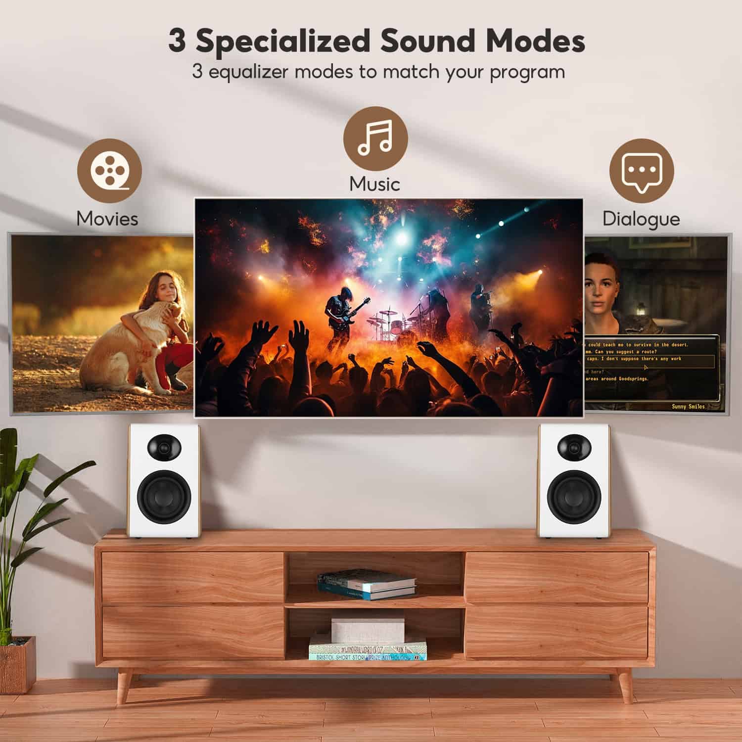 High-quality sound system with Monalisa store speakers for optimized music, movies, and dialogue experiences in a home entertainment setup. Perfect for immersive audio enjoyment.