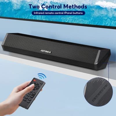 High-quality black wireless soundbar with remote control for enhanced TV audio and home entertainment systems. Ideal for modern living room setups.