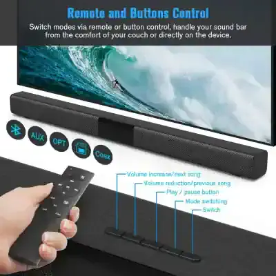 Remote control for soundbars with mode switching and volume control, compatible with Bluetooth, AUX, optical, and coaxial inputs for enhanced home audio experience.