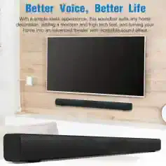 Wireless soundbar for home theater, compatible with smart TVs, delivers immersive audio, sleek design, and high-quality sound for entertainment and voice clarity.