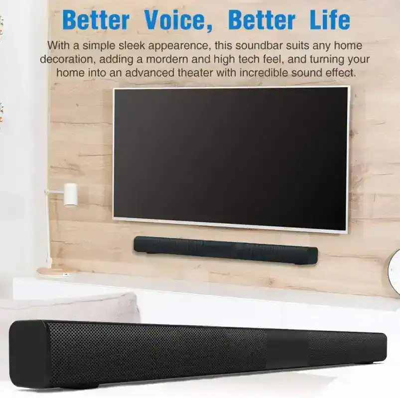 Wireless soundbar for home theater, compatible with smart TVs, delivers immersive audio, sleek design, and high-quality sound for entertainment and voice clarity.