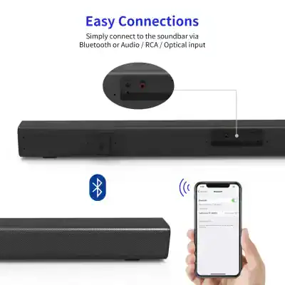Wireless Bluetooth soundbar for TV with optical and RCA inputs, easy connection via Bluetooth for high-quality audio, ideal for home entertainment.