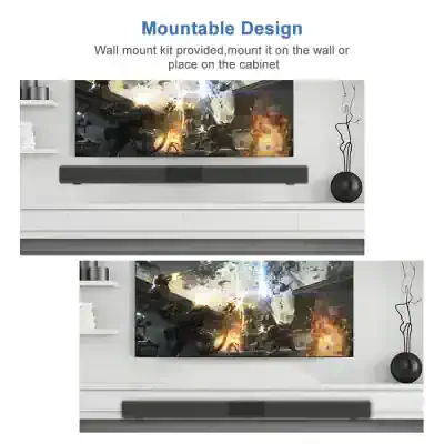 Bright modern wall-mounted soundbar on a white entertainment center, ideal for enhancing home theater audio and decor.