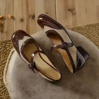 Brown and beige vintage-style Mary Jane shoes with decorative stitching, low chunky heel, and ankle strap, displayed on a soft beige cushion against a wooden background.