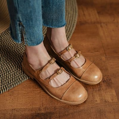 Comfortable brown leather Mary Jane shoes with buckle straps, perfect for everyday wear. Stylish footwear from Monalisa Store offers quality and elegance for women.